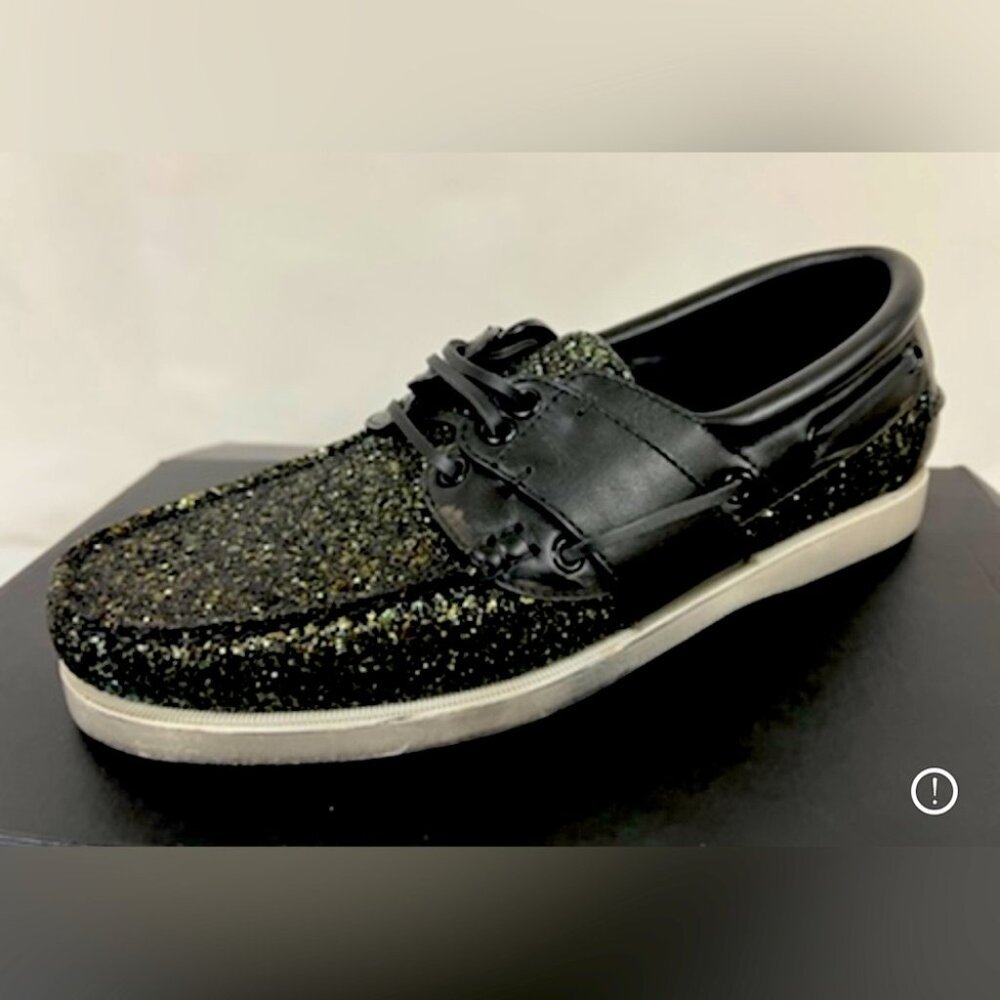 NIB Saint Laurent Phoenix Black Leather Glitter Deck Boat Shoe 44EU/11US $895.00